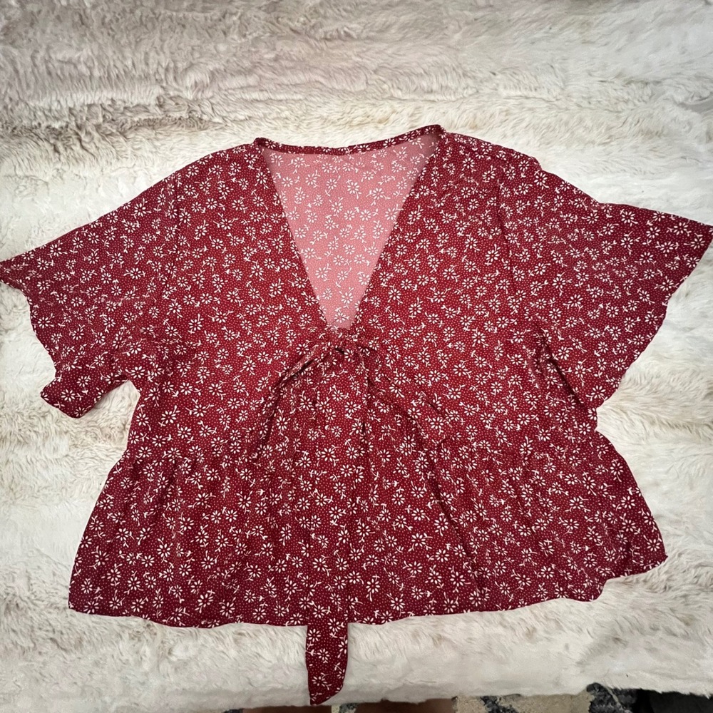 Floral Top Burgundy Red White Peplum Blouse Bow Tie Short Sleeve‎  Women's Sz L - Picture 10 of 10
